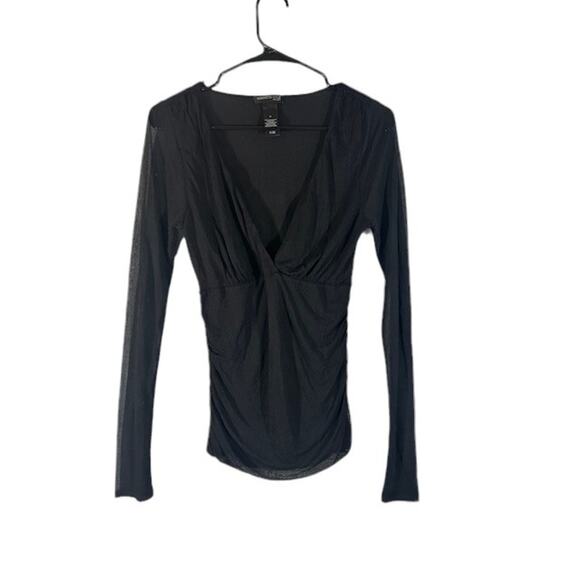 Kenneth Cole Silk Deep V-Neck Long Sleeve Fitted Top Sheer Blouse Black Women M - Picture 1 of 8